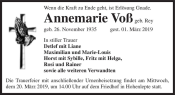 Traueranzeige von Annemarie Voß (geb. Rey)  von Magdeburger Volksstimme