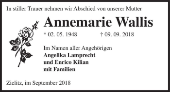 Traueranzeige von Annemarie Wallis  von Magdeburger Volksstimme