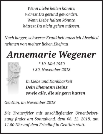 Traueranzeige von Annemarie Wegener  von Magdeburger Volksstimme