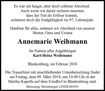 Traueranzeige von Annemarie Weihmann  von Magdeburger Volksstimme