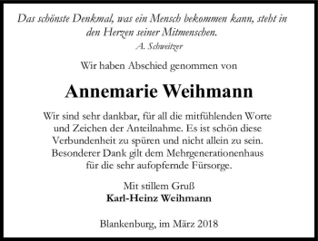 Traueranzeige von Annemarie Weihmann  von Magdeburger Volksstimme