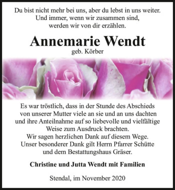 Traueranzeige von Annemarie Wendt (geb. Körber)  von Magdeburger Volksstimme