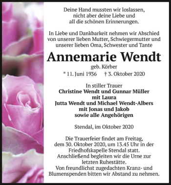 Traueranzeige von Annemarie Wendt (geb. Körber)  von Magdeburger Volksstimme