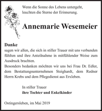 Traueranzeige von Annemarie Wesemeier  von Magdeburger Volksstimme