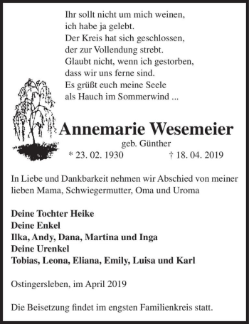 Traueranzeige von Annemarie Wesemeier (geb. Günther)  von Magdeburger Volksstimme
