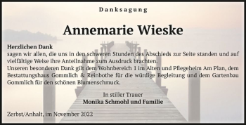 Traueranzeige von Annemarie Wieske  von Magdeburger Volksstimme