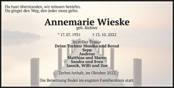 Traueranzeige von Annemarie Wieske (geb. Richter)  von Magdeburger Volksstimme