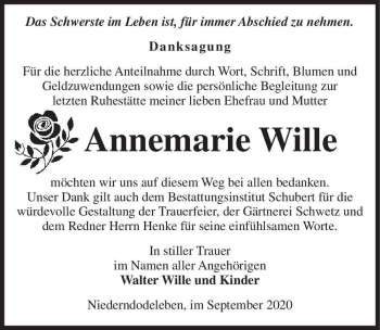 Traueranzeige von Annemarie Wille  von Magdeburger Volksstimme