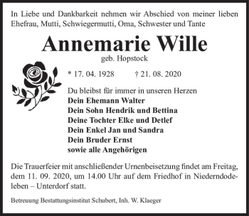 Traueranzeige von Annemarie Wille (geb. Hopstock)  von Magdeburger Volksstimme