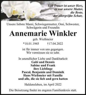Traueranzeige von Annemarie Winkler (geb. Wießmeier)  von Magdeburger Volksstimme