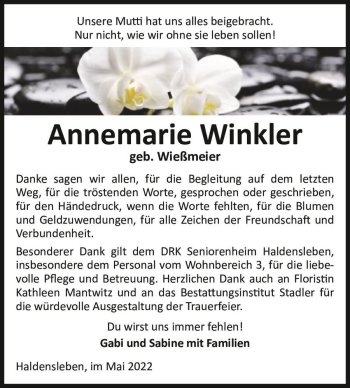 Traueranzeige von Annemarie Winkler (geb. Wießmeier)  von Magdeburger Volksstimme