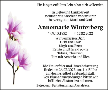 Traueranzeige von Annemarie Winterberg  von Magdeburger Volksstimme