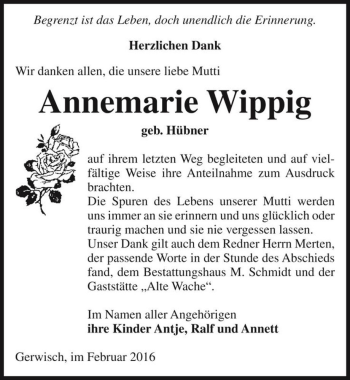 Traueranzeige von Annemarie Wippig (geb. Hübner)  von Magdeburger Volksstimme