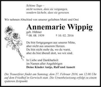 Traueranzeige von Annemarie Wippig (geb. Hübner)  von Magdeburger Volksstimme