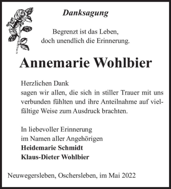Traueranzeige von Annemarie Wohlbier  von Magdeburger Volksstimme
