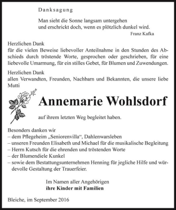 Traueranzeige von Annemarie Wohlsdorf  von Magdeburger Volksstimme