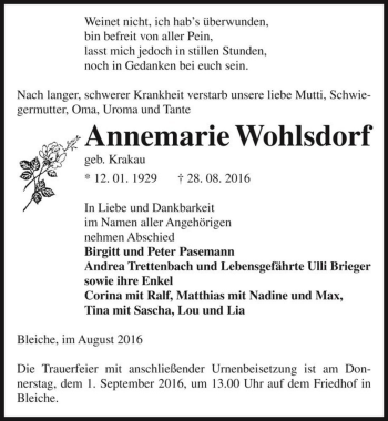 Traueranzeige von Annemarie Wohlsdorf (geb. Krakau)  von Magdeburger Volksstimme