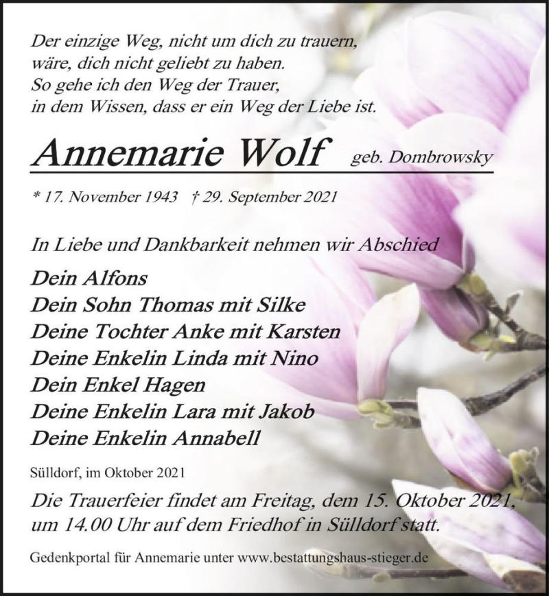  Traueranzeige für Annemarie Wolf (geb. Dombrowsky)  vom 09.10.2021 aus Magdeburger Volksstimme