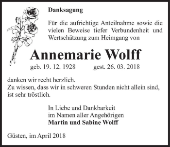 Traueranzeige von Annemarie Wolff  von Magdeburger Volksstimme