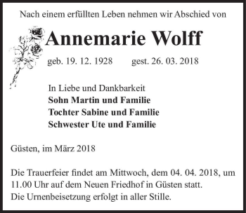 Traueranzeige von Annemarie Wolff  von Magdeburger Volksstimme