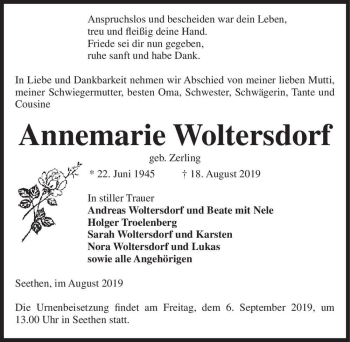 Traueranzeige von Annemarie Woltersdorf (geb. Zerling)  von Magdeburger Volksstimme