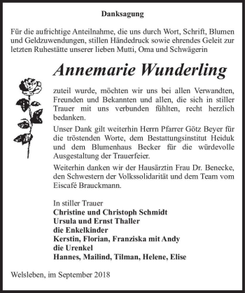 Traueranzeige von Annemarie Wunderling  von Magdeburger Volksstimme