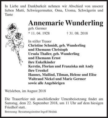 Traueranzeige von Annemarie Wunderling (geb. Germer)  von Magdeburger Volksstimme
