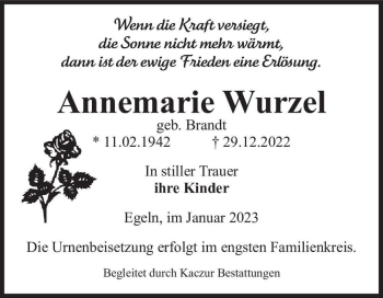 Traueranzeige von Annemarie Wurzel (geb. Brandt)  von Magdeburger Volksstimme