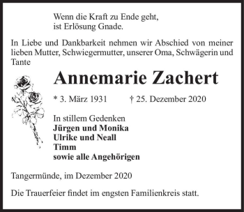 Traueranzeige von Annemarie Zachert  von Magdeburger Volksstimme