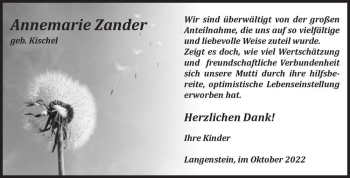 Traueranzeige von Annemarie Zander (geb. Kischel)  von Magdeburger Volksstimme