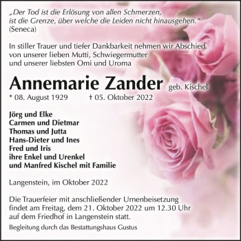 Traueranzeige von Annemarie Zander (geb. Kischel)  von Magdeburger Volksstimme