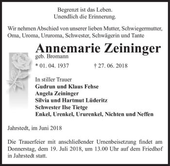 Traueranzeige von Annemarie Zeininger (geb. Bromann)  von Magdeburger Volksstimme
