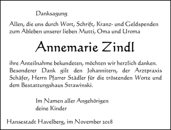 Traueranzeige von Annemarie Zindl  von Magdeburger Volksstimme