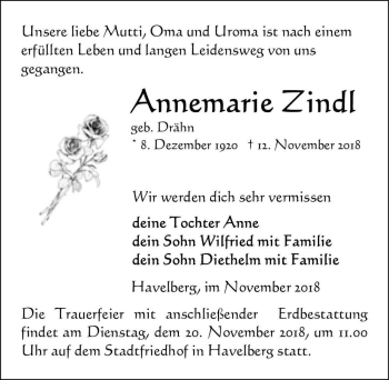 Traueranzeige von Annemarie Zindl (geb. Drähn)  von Magdeburger Volksstimme