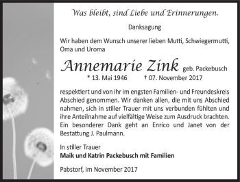 Traueranzeige von Annemarie Zink (geb. Packebusch)  von Magdeburger Volksstimme