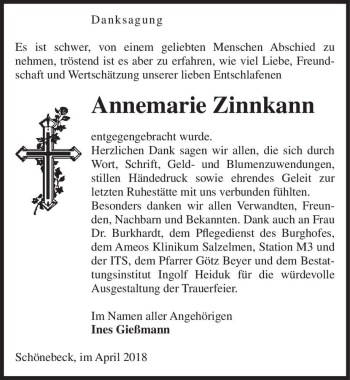 Traueranzeige von Annemarie Zinnkann  von Magdeburger Volksstimme