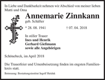 Traueranzeige von Annemarie Zinnkann (geb. Schäfter)  von Magdeburger Volksstimme