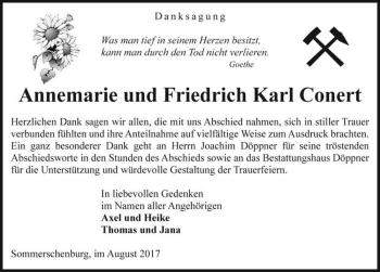 Traueranzeige von Annemarie und Friedrich Karl Conert  von Magdeburger Volksstimme