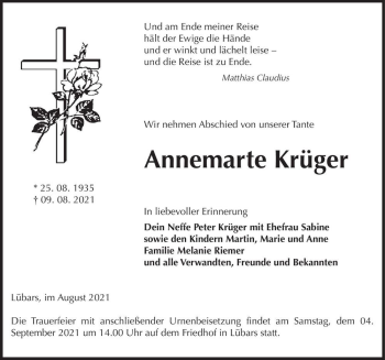 Traueranzeige von Annemarte Krüger  von Magdeburger Volksstimme