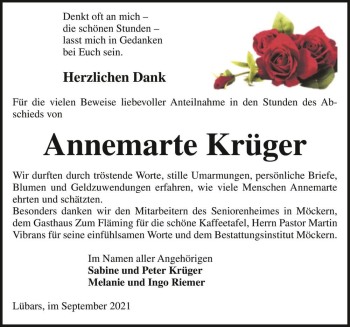 Traueranzeige von Annemarte Krüger  von Magdeburger Volksstimme