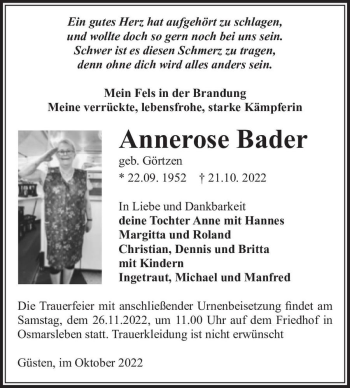 Traueranzeige von Annerose Bader (geb. Görtzen)  von Magdeburger Volksstimme