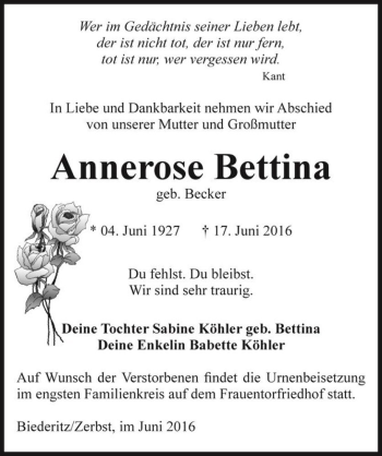 Traueranzeige von Annerose Bettina (geb. Becker)  von Magdeburger Volksstimme