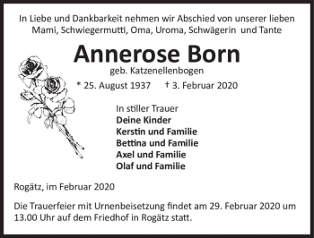 Traueranzeige von Annerose Born (geb. Katzenellenbogen)  von Magdeburger Volksstimme