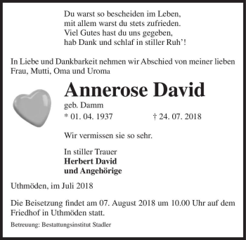 Traueranzeige von Annerose David (geb. Damm)  von Magdeburger Volksstimme
