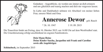 Traueranzeige von Annerose Dewor (geb. Rauch)  von Magdeburger Volksstimme