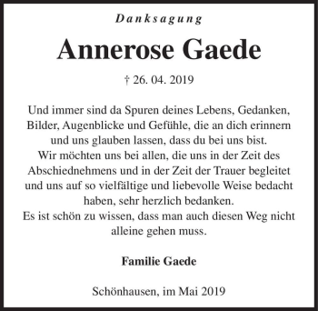 Traueranzeige von Annerose Gaede  von Magdeburger Volksstimme