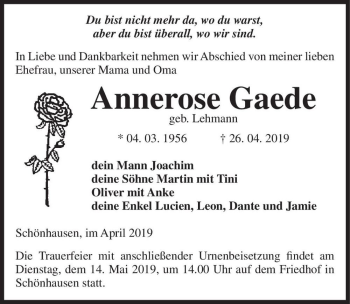 Traueranzeige von Annerose Gaede (geb. Lehmann)  von Magdeburger Volksstimme