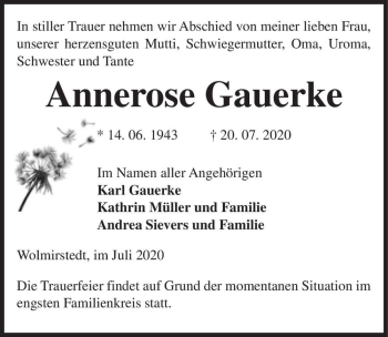 Traueranzeige von Annerose Gauerke  von Magdeburger Volksstimme