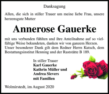 Traueranzeige von Annerose Gauerke  von Magdeburger Volksstimme