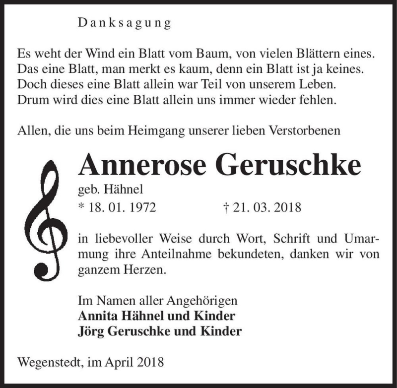  Traueranzeige für Annerose Geruschke (geb. Hähnel)  vom 18.04.2018 aus Magdeburger Volksstimme
